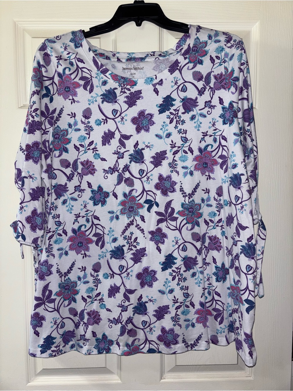 Woman Within White Long Sleeve Floral Tee in Purple & Teal